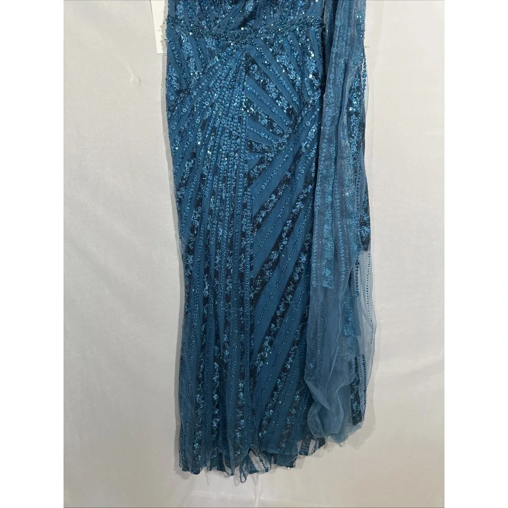 NWT Mac Duggal [ 4 ] 20528 One Shoulder‎ Cape Sleeve Embellished Gown Blue J1911 - Picture 11 of 15